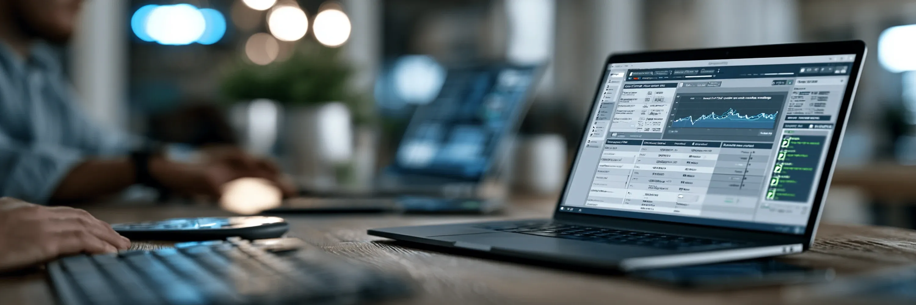 Close-up of a laptop displaying a business analytics dashboard with charts, performance metrics, and operational data in a modern office workspace