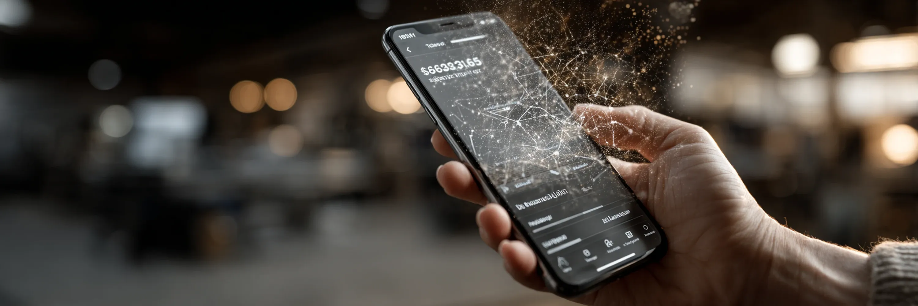 Hand holding a smartphone displaying a fintech transaction interface with glowing digital network connections and financial data visualization in a modern environment